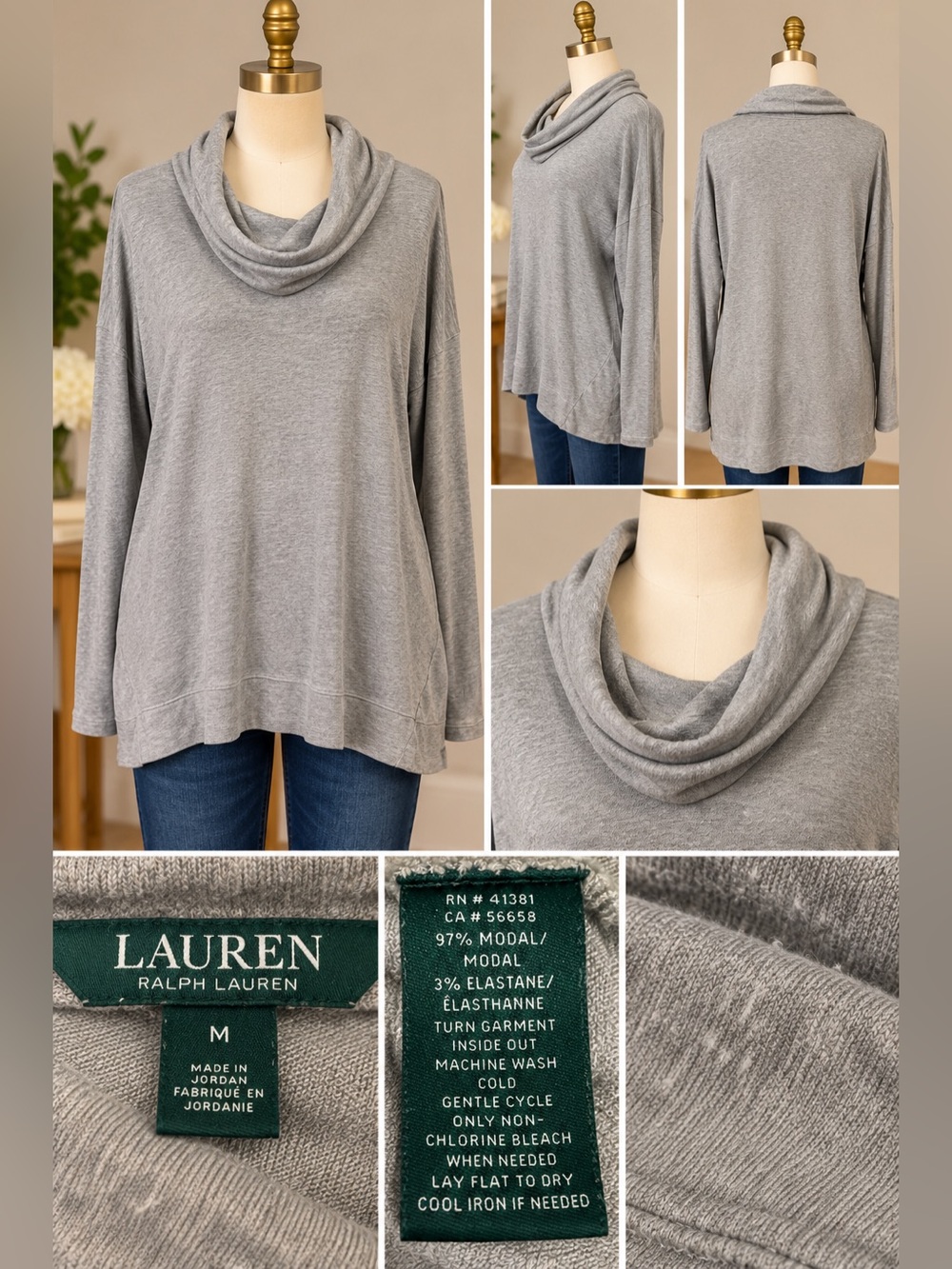 Lauren Ralph Lauren Gray Cowl Neck Pullover Tunic Top Modal Blend M